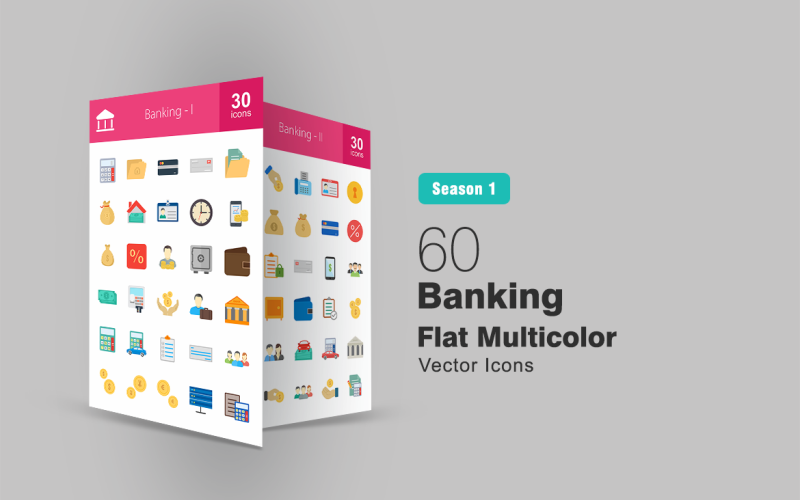 Download Набор иконок "60 Banking Flat Multicolor Icon Set" / 60 Banking Flat Multicolor Icon Set - Набор иконок на тему графика banking icons bank accounts finance accountant customer calculation billing cheque demand draft account vault money monetary donation currency economy iconbunny