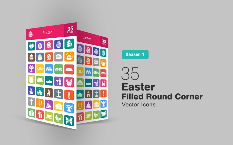 Download Набор иконок "35 Easter Filled Round Corner Icon Set" / 35 Easter Filled Round Corner Icon Set - Набор иконок на тему графика book icon bunny easter butterfly egg candle rabbit decoration celebration chicken church christian angel drinks present eggs basket iconbunny flat
