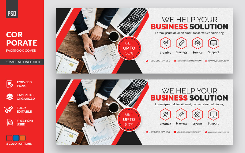Download Фирменный стиль "Facebook Cover - Corporate Identity Template" / Facebook Cover - Corporate Identity Template - Фирменный стиль на тему графика business,facebook,banner,timeline,cover,marketing,solution,agency,page,web,promotion,social,media,template,graphic,psd,company,fb,office,corporate