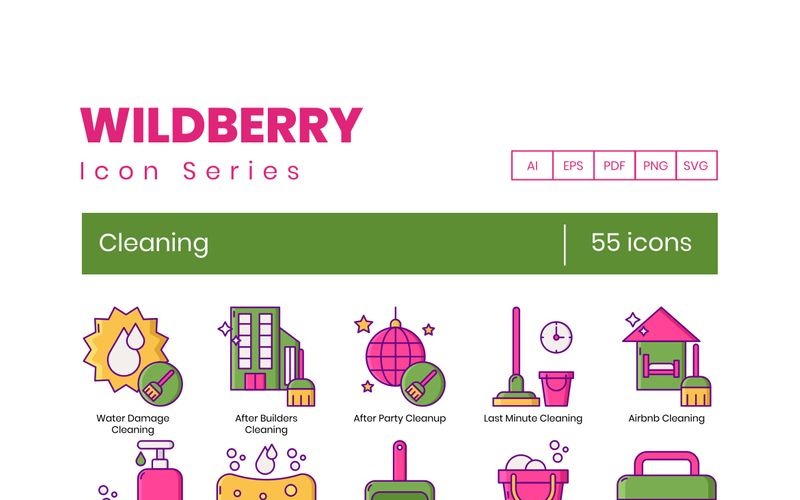 55 Icone di pulizia - Set di serie Wildberry