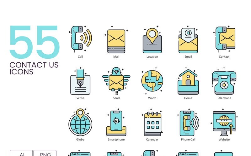 55 iconos de contacto - conjunto de la serie Aqua