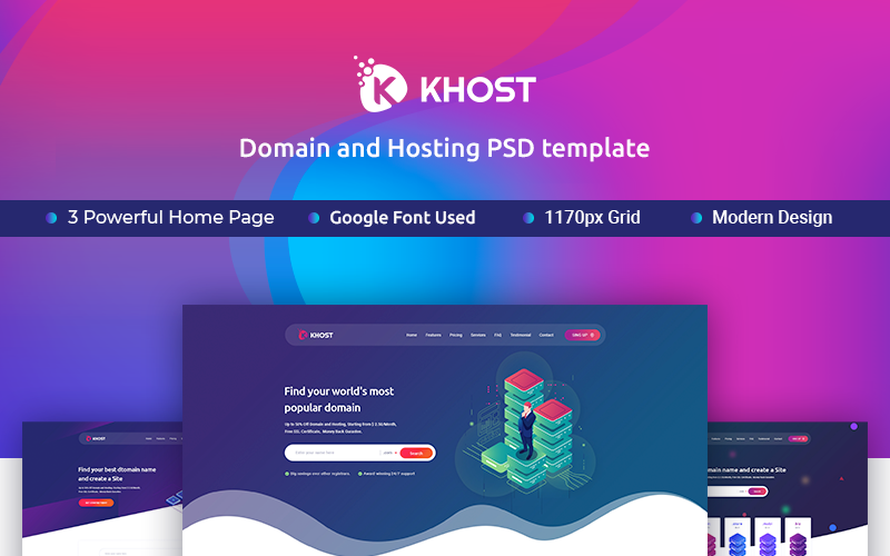 Download PSD шаблон "Khost Domain and Hosting PSD Template" / Khost Domain and Hosting PSD Template - PSD шаблон на тему доменный регистратор domain hosting cloud server psd templates trendy design trendy_design technology gradient psd_templates website