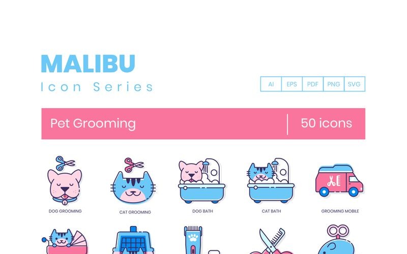Download Набор иконок "50 Pet Grooming Icons - Malibu Series Set" / 50 Pet Grooming Icons - Malibu Series Set - Набор иконок на тему графика 