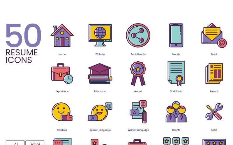 Download Набор иконок "50 Resume Icons - Lilac Series Set" / 50 Resume Icons - Lilac Series Set - Набор иконок на тему графика 