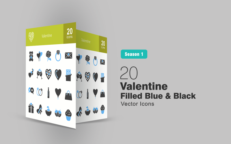 20 Valentine Gevulde Blauw & Zwart Icon Set