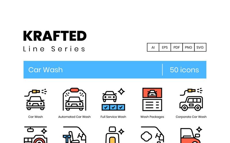 Download Набор иконок "50 Car Wash Icons - Krafted Series Set" / 50 Car Wash Icons - Krafted Series Set - Набор иконок на тему графика 