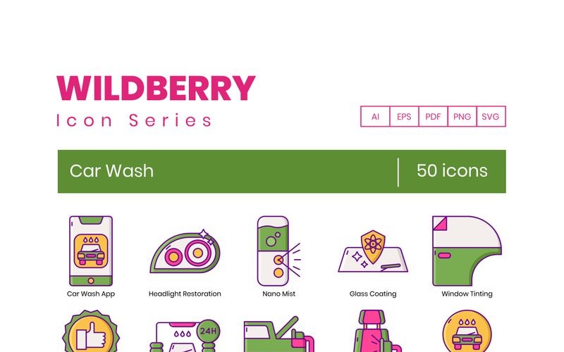 Download Набор иконок "50 Car Wash Icons - Wildberry Series Set" / 50 Car Wash Icons - Wildberry Series Set - Набор иконок на тему графика 