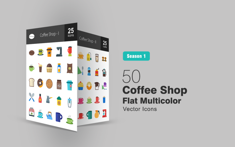 Download Набор иконок "50 Coffee Shop Flat Multicolor Icon Set" / 50 Coffee Shop Flat Multicolor Icon Set - Набор иконок на тему графика coffee,icon,shop,cup,mug,blender,hot,chocolate,shake,muffin,milk,sugar,toast,doughnut,cookie,tea,spoon,syrup,kettle,cream