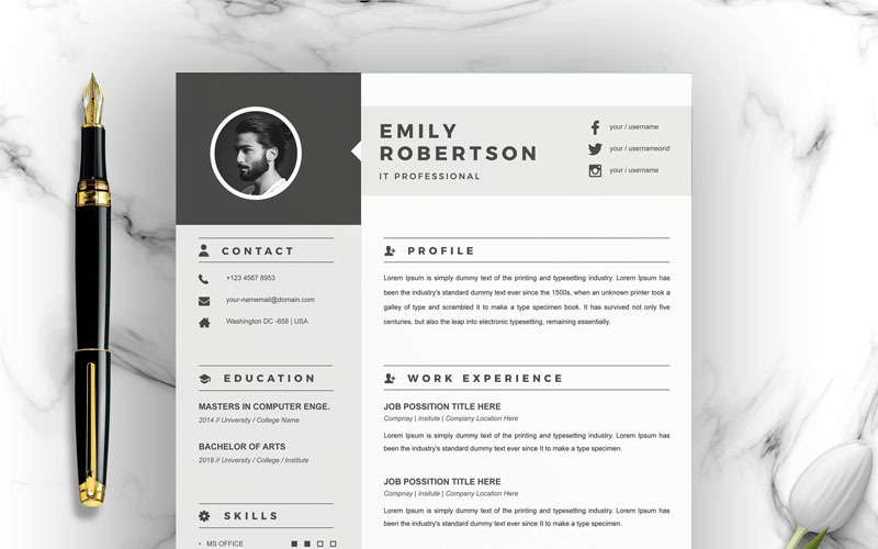 Download Резюме "Emily Resume Template" / Emily Resume Template - Резюме на тему графика resume 2 page clean cv cover letter design template illustrator eps mac pages microsoft word modern photoshop psd professional