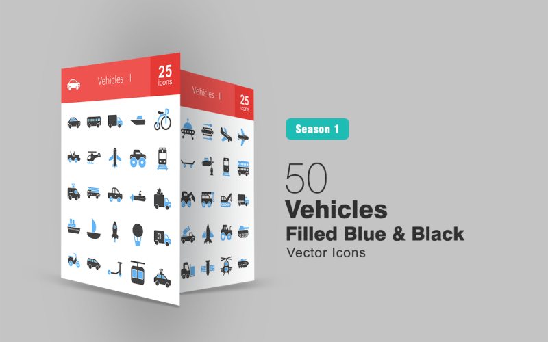 50 jármű kitöltött kék és fekete ikon készlet