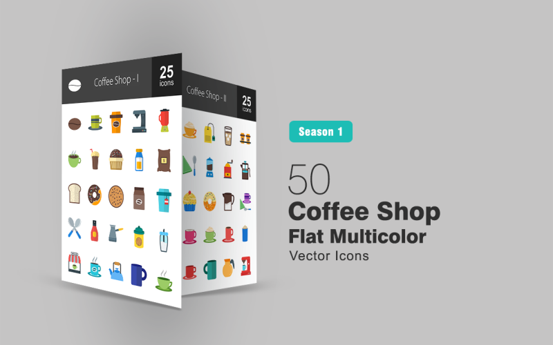 50 kafé platta flerfärgade ikonuppsättning