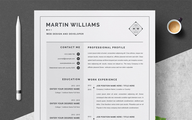 Download Резюме "Martin Resume Template" / Martin Resume Template - Резюме на тему графика 1 page resume 2 clean cv cover letter design template illustrator eps mac pages microsoft word modern photoshop psd professional
