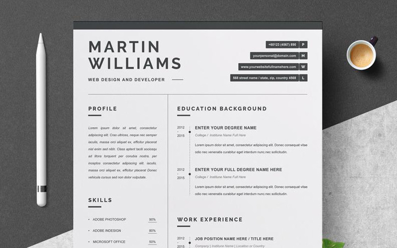 Download Резюме "Martin Resume Template" / Martin Resume Template - Резюме на тему графика 1 page resume 2 clean cv cover letter design template illustrator eps mac pages microsoft word modern photoshop psd professional