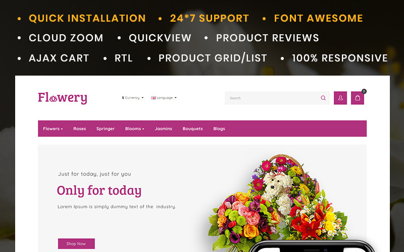 Modello OpenCart del negozio di fiori fioriti