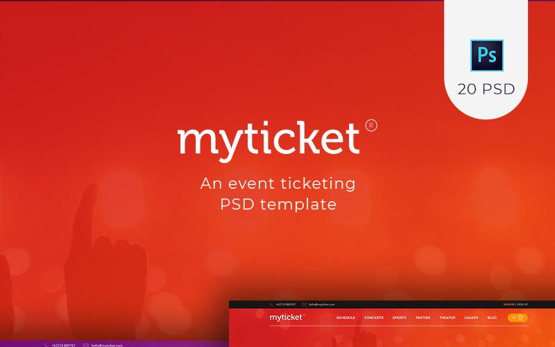 Download PSD шаблон "MyTicket - an Event Ticketing PSD Template" / MyTicket - an Event Ticketing PSD Template - PSD шаблон на тему графика clean concert event events football match orange photoshop psd service soccer template theme ticket