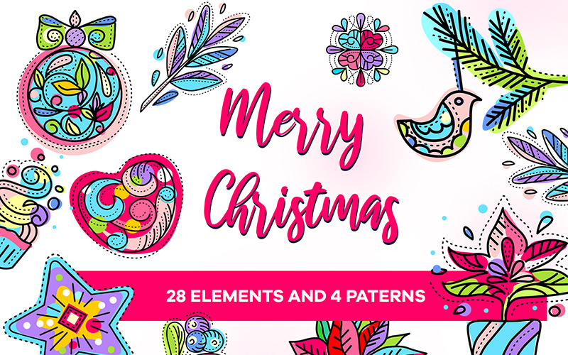 Download Иллюстрация "Set of decorative objects for Christmas - Illustration" / Set of decorative objects for Christmas - Illustration - Иллюстрация на тему графика christmas decor decorate bright colored greeting card pattern deer flowers gifts discounts sale new year holiday