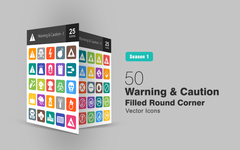 Download Набор иконок "50 Warning & Caution Filled Round Corner Icon Set" / 50 Warning & Caution Filled Round Corner Icon Set - Набор иконок на тему графика warning icon caution danger death sign explosion flammable construction garbage acid alarm rain radiation poisonous gas slipping flash crush zone