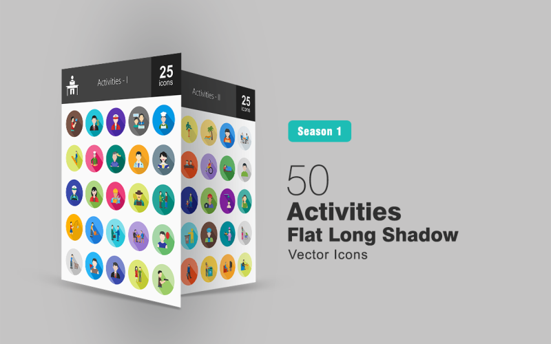 50 aktiviteter platt lång skugg ikonuppsättning