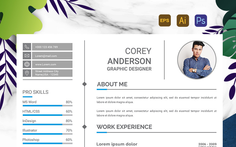 Download Резюме "Anderson - Graphic Designer Resume Template" / Anderson - Graphic Designer Resume Template - Резюме на тему графика a4,resume,ai,kai,clean,cover,letter,creative,curriculum,vitae,cv,employment,job,modern,photoshop,professional,roboto,template,us