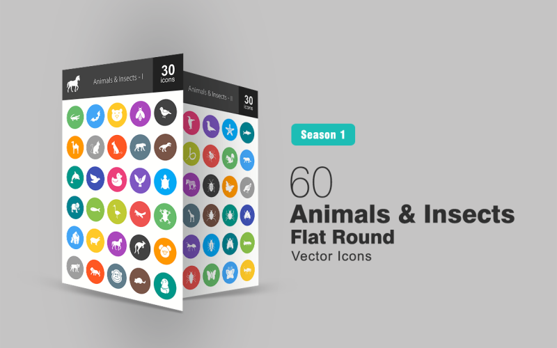 Download Набор иконок "60 Animals & Insects Flat Round Icon Set" / 60 Animals & Insects Flat Round Icon Set - Набор иконок на тему графика animals icon insects elephant snake horse lion bug fly butterfly sheep goat fish bird bee bear monkey frog iconbunny flat