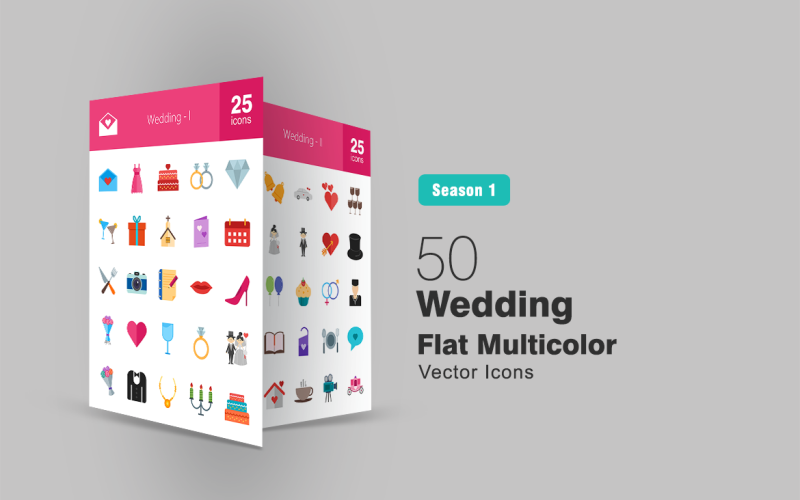 50 bröllop platt flerfärgad ikonuppsättning