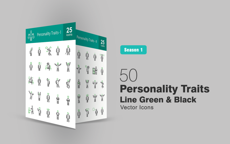 Conjunto de ícones verdes e pretos com 50 traços de personalidade