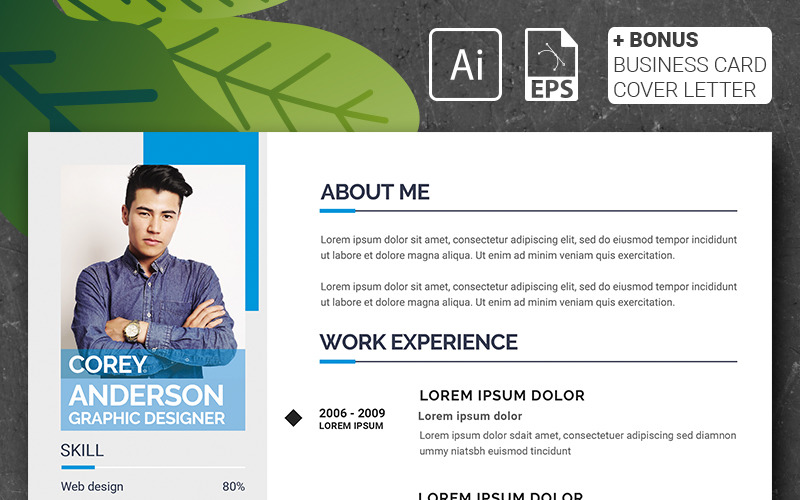Download Резюме "Corey Anderson - Graphic Designer Resume Template" / Corey Anderson - Graphic Designer Resume Template - Резюме на тему графика a4,resume,ai,bebas,clean,cover,letter,creative,curriculum,vitae,cv,employment,job,modern,eps,us,business,card