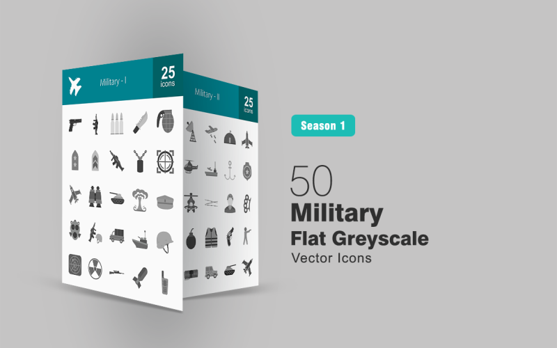 Download Набор иконок "50 Military Flat Greyscale Icon Set" / 50 Military Flat Greyscale Icon Set - Набор иконок на тему графика military icon army pistol gun bullets knife bomb badge rifle machine soldier helicopter fighter jet airbase jeep tank submarine iconbunny