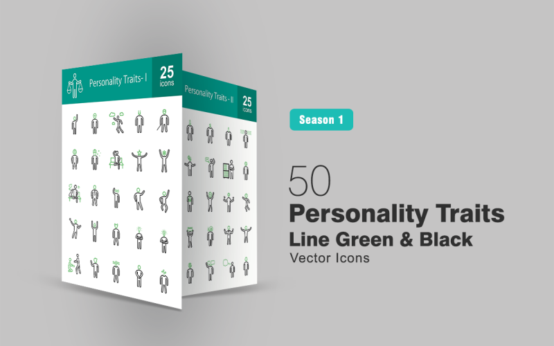 Download Набор иконок "50 Personality Traits Line Green & Black Icon Set" / 50 Personality Traits Line Green & Black Icon Set - Набор иконок на тему графика personality,icon,active,alien,ambitious,attractive,brave,brilliant,carefree,cheerful,confident,expert,generous,humble,naive,nerd,optimistic,organized,patient,practical