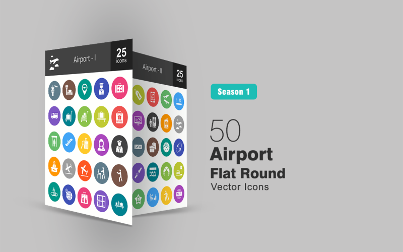 Download Набор иконок "50 Airport Flat Round Icon Set" / 50 Airport Flat Round Icon Set - Набор иконок на тему графика airport,icon,building,security,bus,luggage,passanger,crew,flight,plane,aeroplane,bag,fly,pilot,hostess,information,ticket,runway,seats,passport