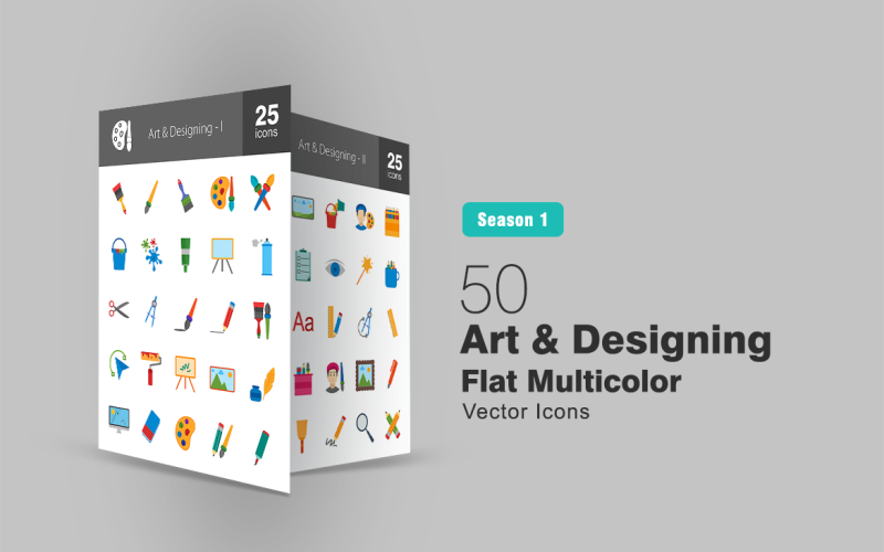 Download Набор иконок "50 Art & Designing Flat Multicolor Icon Set" / 50 Art & Designing Flat Multicolor Icon Set - Набор иконок на тему графика art icon designing design brush pencil paint spray scissors canvass image eraser artist grid clipboard colors tool drawing iconbunny flat