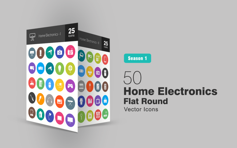50 bytové elektroniky ploché kulaté sady ikon