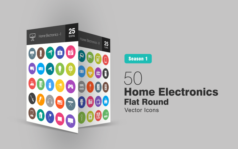 Conjunto de 50 ícones lisos redondos de eletrônicos domésticos