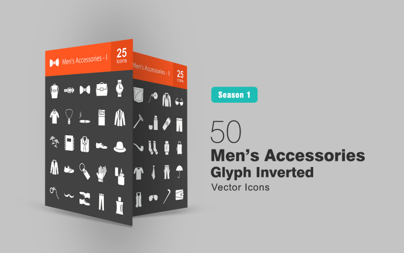 Conjunto de iconos invertidos de glifos de 50 accesorios para hombres