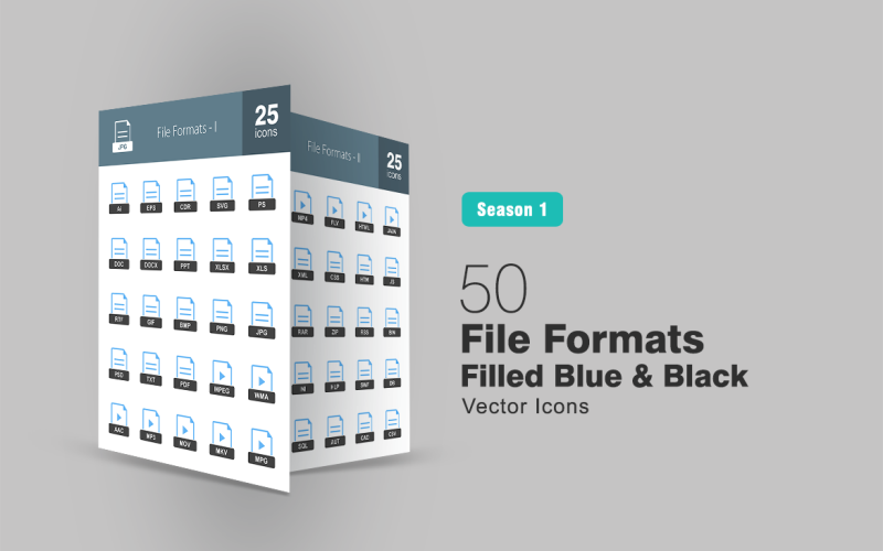 Download Набор иконок "50 File Formats Filled Blue & Black Icon Set" / 50 File Formats Filled Blue & Black Icon Set - Набор иконок на тему графика files icon ai png jpg mp3 doc txt xls pdf css htm rss js psd xml avi eps iconbunny flat