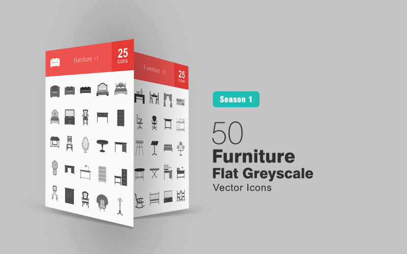 50 Furniture Flat Greyscale Icon Set
