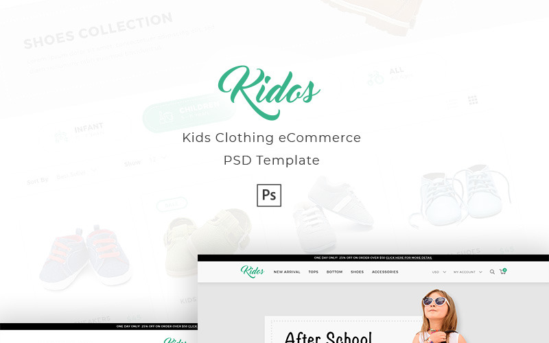 Download PSD шаблон "Kidos - Kids Clothing eCommerce PSD Template" / Kidos - Kids Clothing eCommerce PSD Template - PSD шаблон на тему графика cart checkout clean clothing e-commerce ecommerce fashion green kid kids product shoes shop shopping white