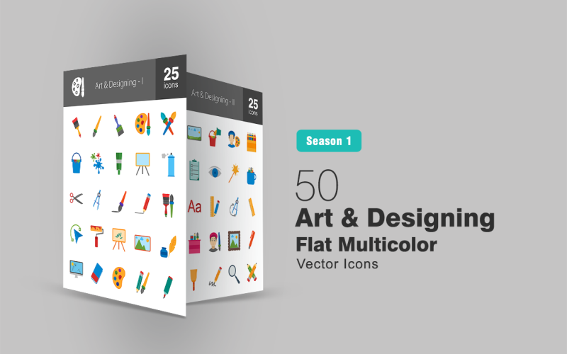 50 kunst en ontwerpen platte veelkleurige pictogramserie