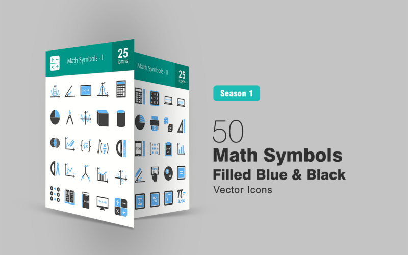 50 matematiska symboler fyllda blå och svarta ikonuppsättningar