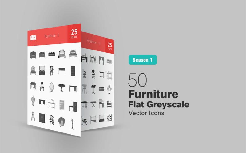 50 meubels platte grijswaarden Icon Set