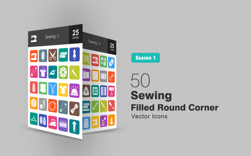 50 Sewing Filled Round Corner Icon Set