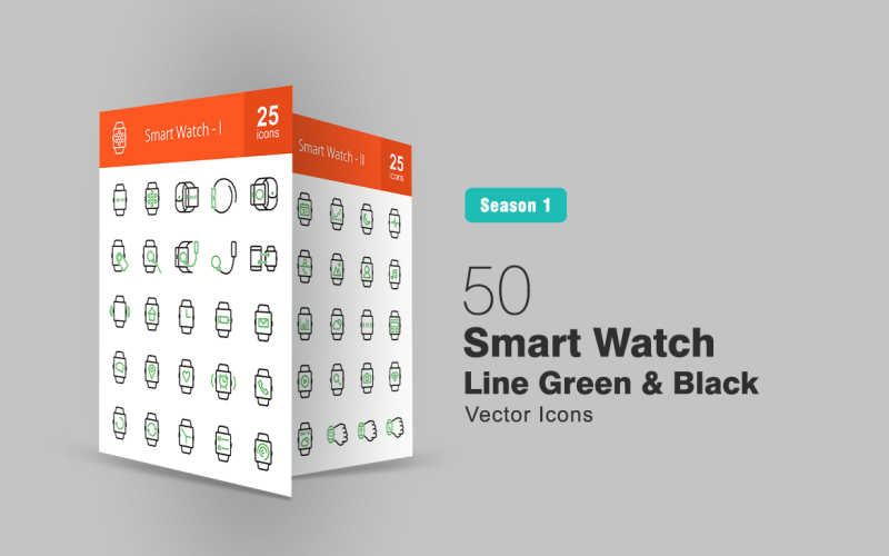 50 Smart Watch Line Grön & Svart Ikonuppsättning