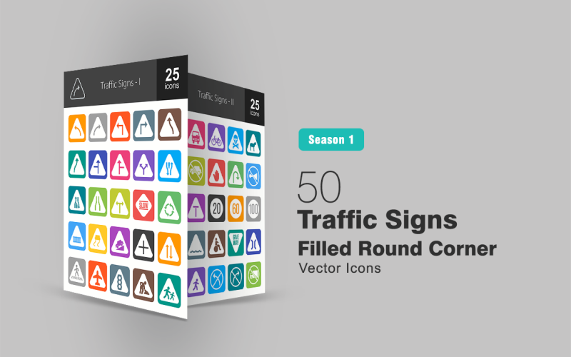 Download Набор иконок "50 Traffic Signs Filled Round Corner Icon Set" / 50 Traffic Signs Filled Round Corner Icon Set - Набор иконок на тему графика traffic icon signs curve turn signal bend lane horn danger sign give way stop railway dead end bridge speed limit