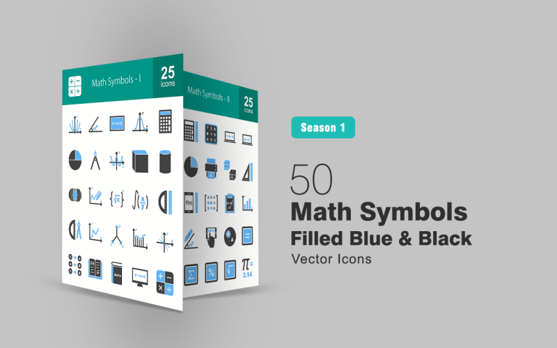 50 wiskundige symbolen gevuld blauw en zwart pictogramserie