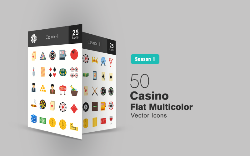50 Casino Düz Çok Renkli Simge Seti