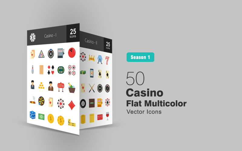 Download Набор иконок "50 Casino Flat Multicolor Icon Set" / 50 Casino Flat Multicolor Icon Set - Набор иконок на тему графика casino,icon,cards,bet,play,slot,machine,pool,ball,bowling,chips,dealer,gold,manager,sign,champagne,bottle,cigar,darts,deck
