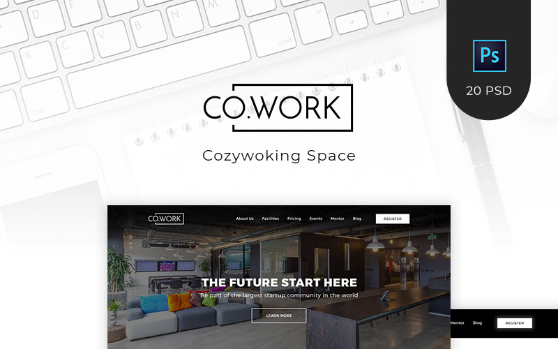 Download PSD шаблон "CoWork - Open Office & Creative Space PSD Template" / CoWork - Open Office & Creative Space PSD Template - PSD шаблон на тему графика black clean coworking space creative elegant modern office open office startup