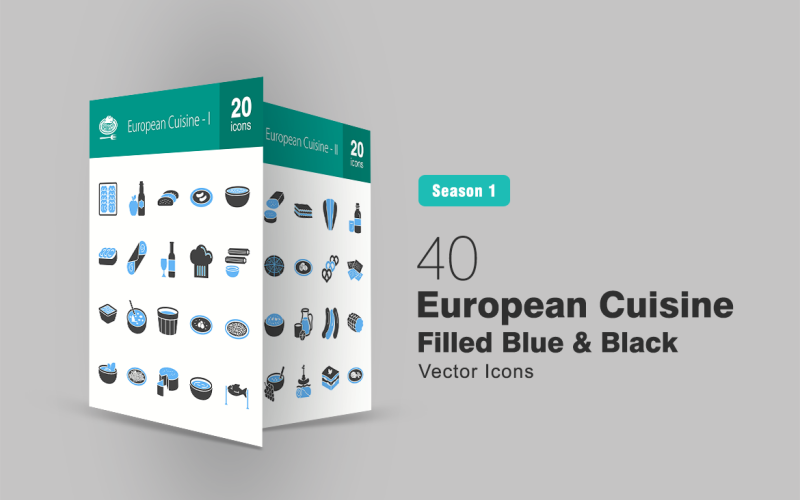 Download Набор иконок "40 European Cuisine Filled Blue & Black Icon Set" / 40 European Cuisine Filled Blue & Black Icon Set - Набор иконок на тему графика europe,icon,cuisine,food,cooking,european,apple,cider,wine,sausages,soup,bread,champagne,chef,coleslaw,salad,cream,cheese,fish,lasagne