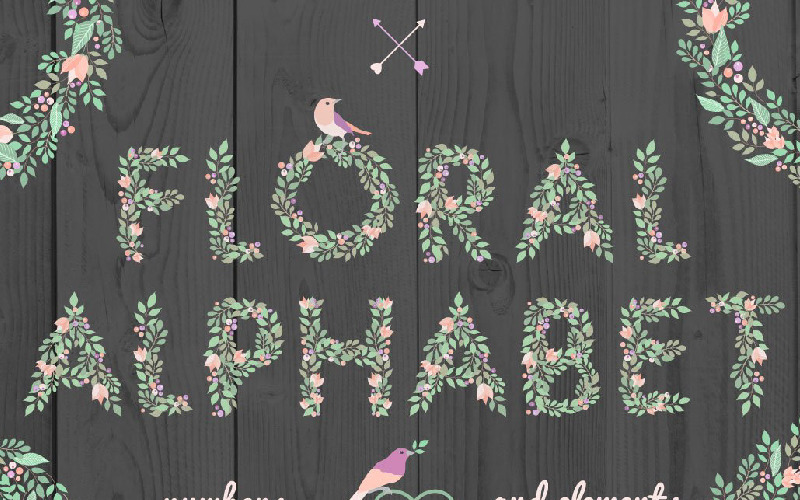 Download Иллюстрация "Floral Alphabet and Elements - Illustration" / Floral Alphabet and Elements - Illustration - Иллюстрация на тему графика alphabet numbers letter elements floral florals flower flowers botanical bird shape texture background wallpaper fabric wrapping paper pattern seamless flower