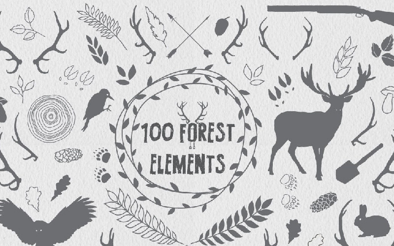 Download Иллюстрация "100 Forest Elements - Illustration" / 100 Forest Elements - Illustration - Иллюстрация на тему графика background wallpaper fabric flower floral florals wedding leaf leaves logo logos invitation card rsvp forest deer animals bear rabbit wood